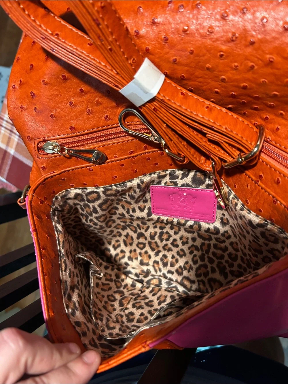 Cri De Coeur Orange FEAUX Ostrich -Texture Zip Bag with Pink Details